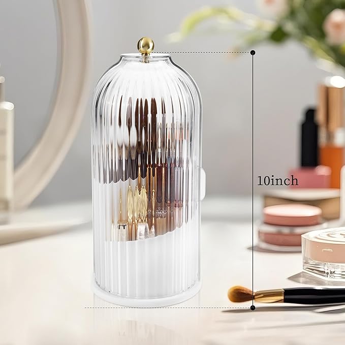 Makeup Brush Holder with Lid 360 Rotating Makeup Brush Organizer, Dustproof Waterproof Material & with 3 Compartments for Organized Storage, Dressing Tables Clear Storage Skincare Cosmetic (White)