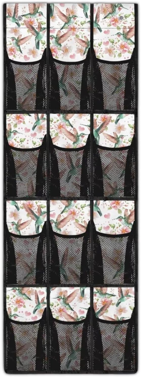 12 Large Mesh Pockets Hummingbird Over the Door Shoe Organizer Sturdy Oxford Fabric Hanging Shoe Rack for Door Shoe Organizer Door Hanger
