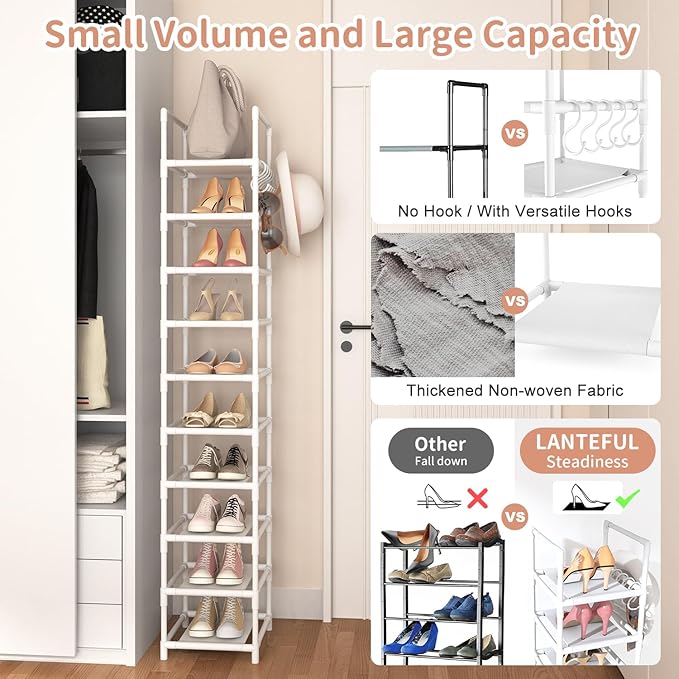 LANTEFUL Tall Narrow Shoe Rack 10-Tier Skinny Shoe Shelf Storage for 10-15 Pairs Shoes and Boots, Space Saving Corner Shoe Rack Organizer for Closet, Entryway, Garage, Living Room,White