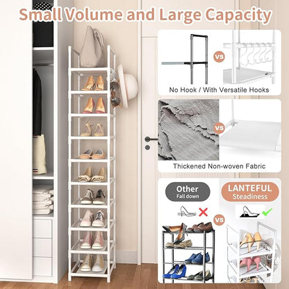 LANTEFUL Tall Narrow Shoe Rack 10-Tier Skinny Shoe Shelf Storage for 10-15 Pairs Shoes and Boots, Space Saving Corner Shoe Rack Organizer for Closet, Entryway, Garage, Living Room,White