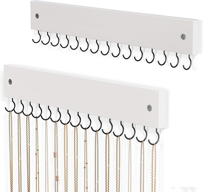 Lolalet olalet Wooden Necklace Holder for Wall with 15 Hooks, Necklaces Hanger Easy Install Wall Mount Necklace Organizer, Jewelry Hangers for Chains, Bracelets, Earrings -2 Set, White