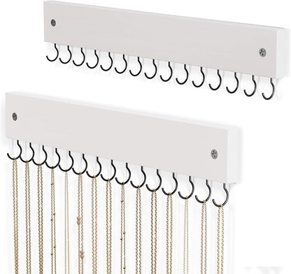 Lolalet olalet Wooden Necklace Holder for Wall with 15 Hooks, Necklaces Hanger Easy Install Wall Mount Necklace Organizer, Jewelry Hangers for Chains, Bracelets, Earrings -2 Set, White