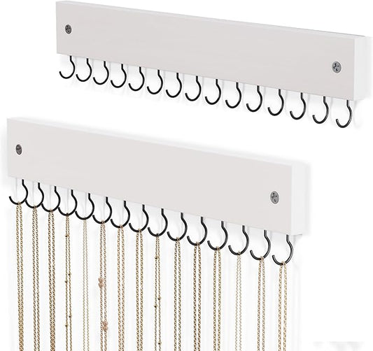 Lolalet olalet Wooden Necklace Holder for Wall with 15 Hooks, Necklaces Hanger Easy Install Wall Mount Necklace Organizer, Jewelry Hangers for Chains, Bracelets, Earrings -2 Set, White