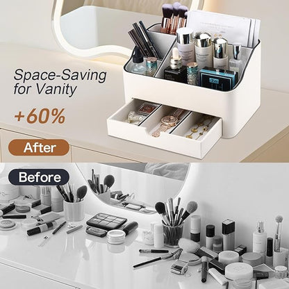 KINGFOM PU Leather Makeup Organizer with Drawer, Skincare Organizer for Vanity, Cosmetic Storage for Dresser Countertop, Beauty Holder for Lipstick Brush Skincare (Ivory White)