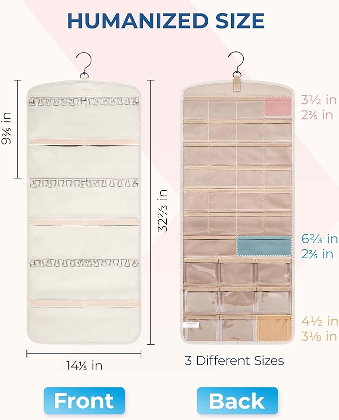 BAGSMART Hanging Jewelry Organizer, Necklace Holder Anti-tangle Earrings Rings Hanger with Pockets Hang on Closet, Wall, Door,1 Piece, Large Beige