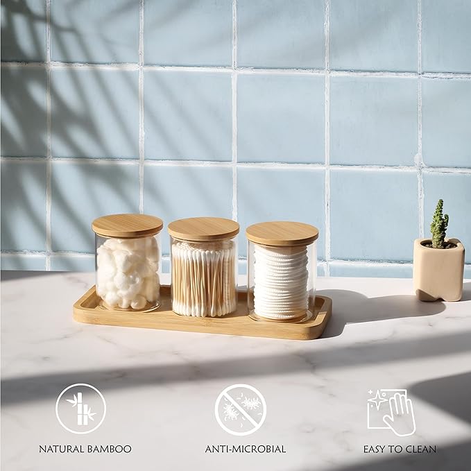 INIUNIK Qtip Holder with Vanity Tray, 3 Pack Glass Apothecary Jars with Lids, Bathroom Accessories Canisters Organizers Jars Containers for Cotton Ball Round Swab Pad Hair Ties Floss Perfume Jewelry
