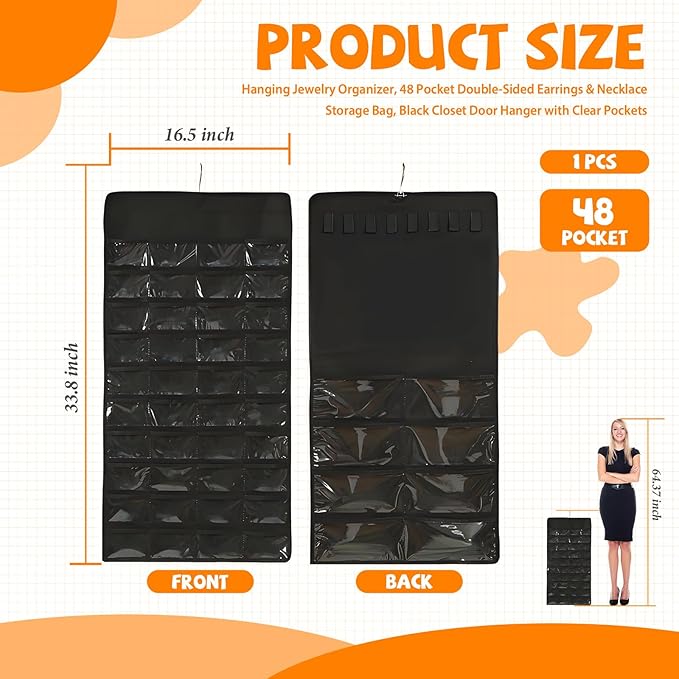48 Pockets Hanging Jewelry Organizer with Necklace Straps, Double-Sided Black Closet Jewelry Holder for Space-Saving Storage of Earrings, Bracelets & Necklaces