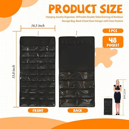 48 Pockets Hanging Jewelry Organizer with Necklace Straps, Double-Sided Black Closet Jewelry Holder for Space-Saving Storage of Earrings, Bracelets & Necklaces