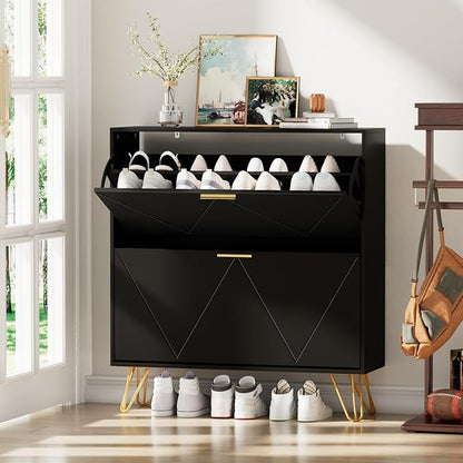 JOZZBY Shoe Cabinet for Entryway Slim Set of 2, Black Shoe Cabinet with 2 Flip Drawers, Narrow Shoe Slim Shoe Storage Cabinet Entryway, Hallway, Living Room