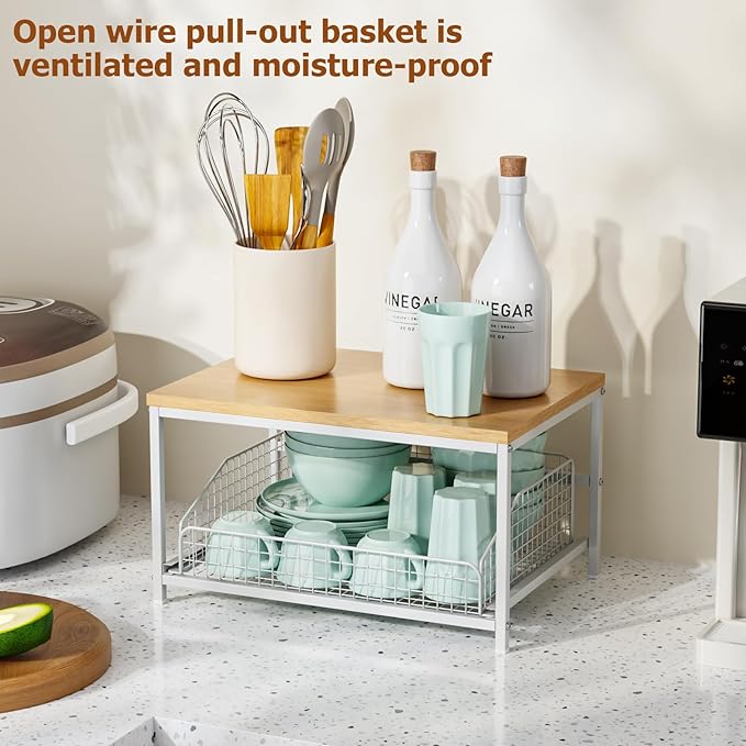 KLM Pull Out Spice Rack Organizer for Cabinet,Rustic Wood Top with Wire Basket Storage,Kitchen Countertop Organizer and Storage for Pantry, Counter top,Coffee Station Wood. (Natural)