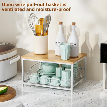KLM Pull Out Spice Rack Organizer for Cabinet,Rustic Wood Top with Wire Basket Storage,Kitchen Countertop Organizer and Storage for Pantry, Counter top,Coffee Station Wood. (Natural)