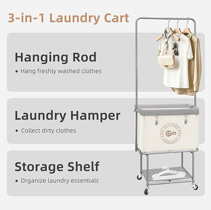 STORAGE MANIAC Rolling Laundry Cart with Hanging Bar & Storage Shelf, 110L Heavy Duty Large Laundry Basket with Clothes Hanging Rod, Study Clothes Hamper with Lockable Wheels, Beige