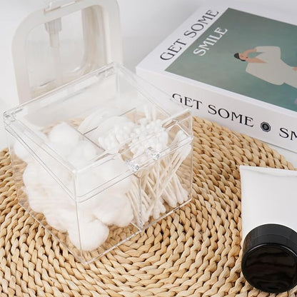 Adorila 4-Compartment Clear Organizer with Lid - Easy-Open Handle Box for Flossers, Hair Ties & Swabs - Dustproof Bathroom Storage