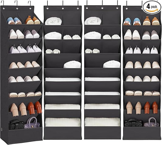 4 Pack Shoe Organizer with 6 Extra Large Pockets and 4 Large Pocket, Over the Door Sturdy Closet Storage Rack, Hanging Shoe Organizer for Shoes, Sneakers, Black