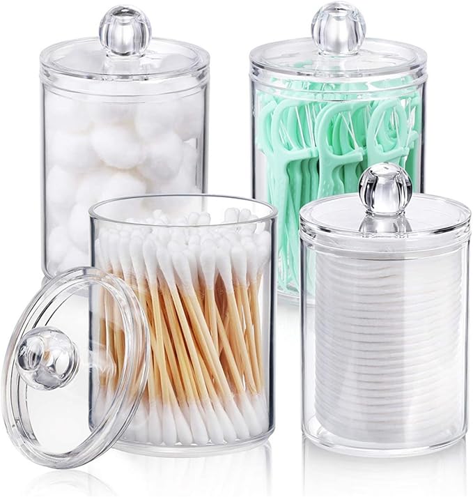 ANIS·KEAAR 2 Pack Restroom Bathroom Organizers and Storage Containers, Pink Plastic Jars with Lids for Cotton Swabs/Balls/Pads/Floss Picks (Vanity/Bedroom Use)