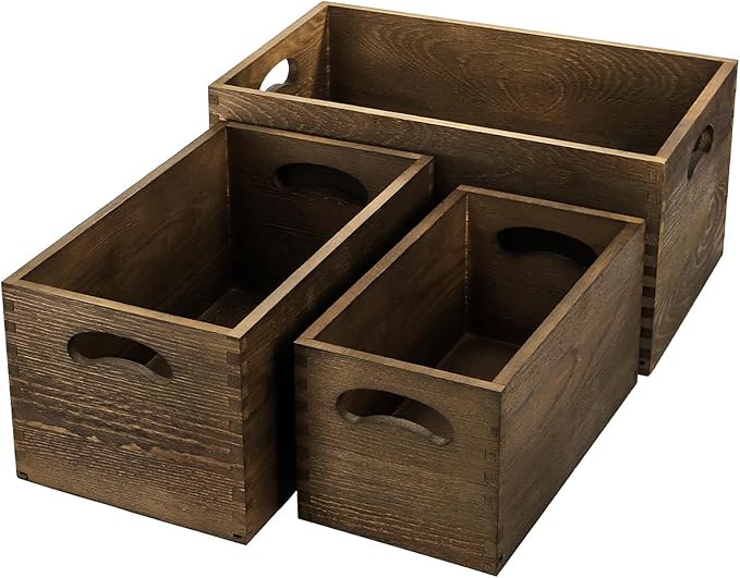 Hedume Set of 3 Nesting Wooden Crates, Wood Crate Box with Handle, Rustic Brown Decorative Wood Storage Crates Container, Stackable Cube Basket Bins Organizer for Home, Office, Closet, Shelf