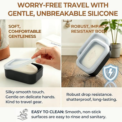 AIMAIAIMAI Enhanced Leak Proof Travel Soap Case, Compact Silicone Travel Soap Dish with Drainage Pad, Great for Gym, Camping, Bussines Trip (Black)
