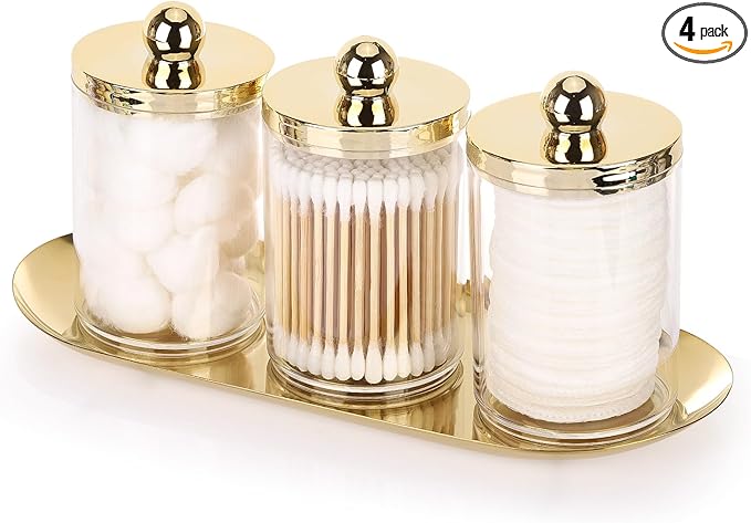 Tbestmax 3 Pack Qtips Holder with Gold Tray, 10oz Cotton Swab Ball Holder for Bathroom Essentials Accessories Decor Clear Plastic Canister Apothecary Jars