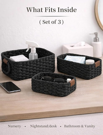 Storage Basket, Recycled Paper Rope Bathroom Basket Organizer, 3Pcs Small Baskets for Organizing, Mini wicker Basket for Decorative Storage Bins, Shelves, Bathroom, Cabinet - Black