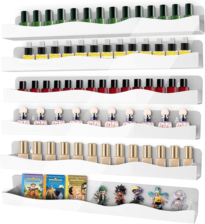 Nail Polish Wall Rack, 6-Shelf 15-Inch White Acrylic Nail Polish Shelves with Removable Ends – Multi-Purpose Shelf for Essential Oils, Cosmetics Storage and Display for Salons and Bathrooms