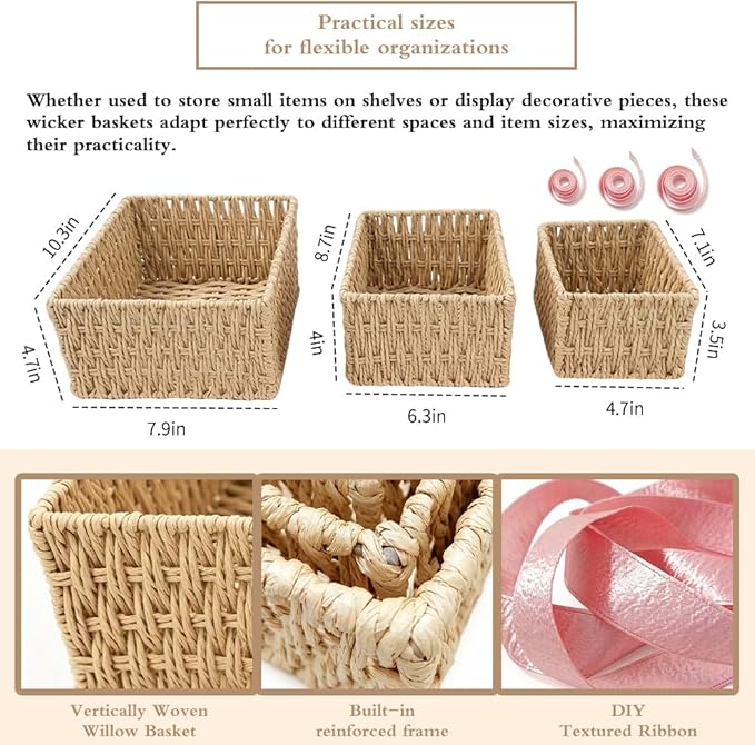 Small Wicker Basket 3-Piece Set: Handwoven Natural Paper Rope Storage Baskets for Organization, Storage, and Home Decor（Includes 3 ribbons to make your basket even more decorative）