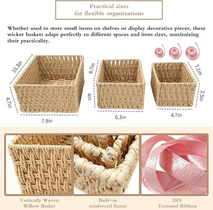 Small Wicker Basket 3-Piece Set: Handwoven Natural Paper Rope Storage Baskets for Organization, Storage, and Home Decor（Includes 3 ribbons to make your basket even more decorative）