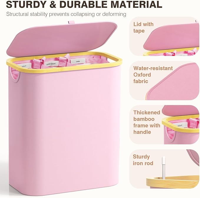 Hampers for Laundry Basket with Lid, 160L Extra Large 3 Section Clothes Divided Organizer for Bedroom, Laundry Room, Dirty Clothing Hamper, Pink
