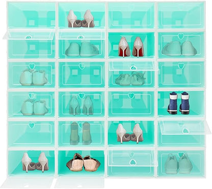 24Pcs Stackable Shoe Storage Boxes with Clear Doors - Foldable Shoe Organizer for Closet Cabinet, Black/White/Green Options for Sneakers Boots Home Organization (Green)