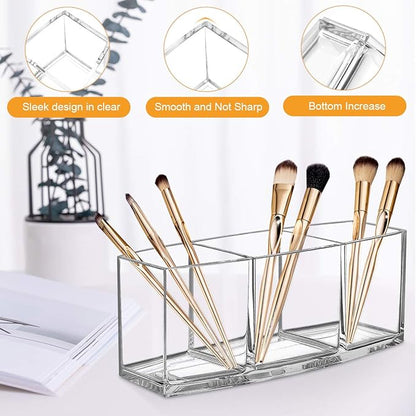 Clear Makeup Brush Organizer, Premium Acrylic Makeup Brush Holder Organizer 3 Compartments, Makeup Brush Display Holder Cosmetic Storage