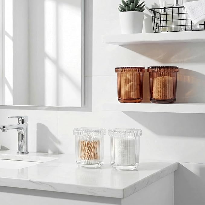 2 Pack Qtip Holder - Apothecary Jars with Lids, Bathroom Organizers and Storage Canister for Cotton Balls,Swabs,Floss Picks,Hair Ties,Clear Glass Vintage Bathroom Decor Jar Set (Brown)