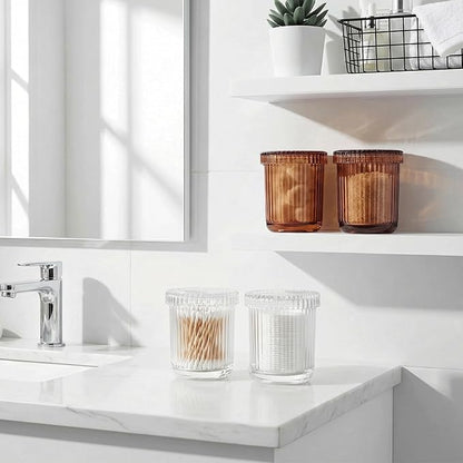 2 Pack Qtip Holder - Apothecary Jars with Lids, Bathroom Organizers and Storage Canister for Cotton Balls,Swabs,Floss Picks,Hair Ties,Clear Glass Vintage Bathroom Decor Jar Set (Brown)