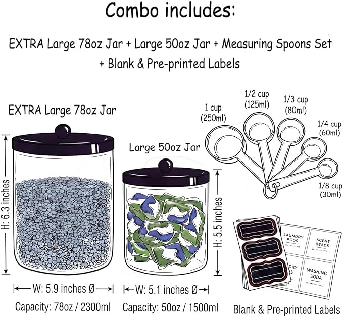 Sheechung 2-Pack Acrylic Jar with Black Stainless Steel Lid Set (78oz&50oz)-Large Clear Apothecary Jars with Measuring Spoons & Labels for Laundry Room, Kitchen Pantry, Bathroom Storage
