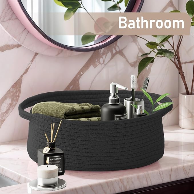 JMvicyroam Woven Basket,Small Rope Storage Bin with Handles & Ribbon Bag, Organizer for Shelves Closets,Gift Basket Empty for Birthday,Books,Dog Toys, Black/3 Pack