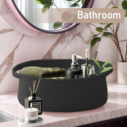 JMvicyroam Woven Basket,Small Rope Storage Bin with Handles & Ribbon Bag, Organizer for Shelves Closets,Gift Basket Empty for Birthday,Books,Dog Toys, Black/3 Pack