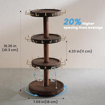 Lolalet 4 Tier Bracelet Holder, Wooden Rotating Bangle Display Stand with 42 Hooks and Tray Base, 360 Degrees Rotatable Rustic Tree Storage for Bracelets Key Chains Small Accessories -Darkbrown