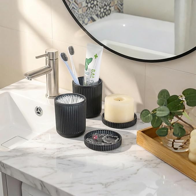 2 Pack Glass Qtip Holder with Lid, Qtip Dispenser Bathroom Storage Jars- Glass Apothecary Jars for Cotton Ball, Swab, Pads, Floss Picks, Bathroom Accessories Organization and Vanity Organizer(Black)
