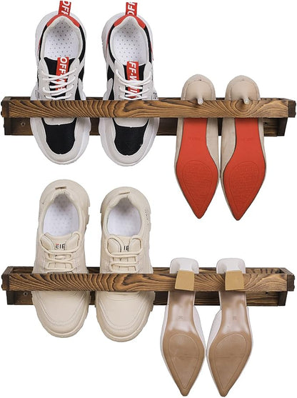 MyGift Set of 2 Solid Wooden Wall Mounted Shoe Rack Storage Organizer with Rustic Burnt Wood Finish, Hanging Footwear Holder for Closet, Mudroom, Entryway, Holds 4 Pairs