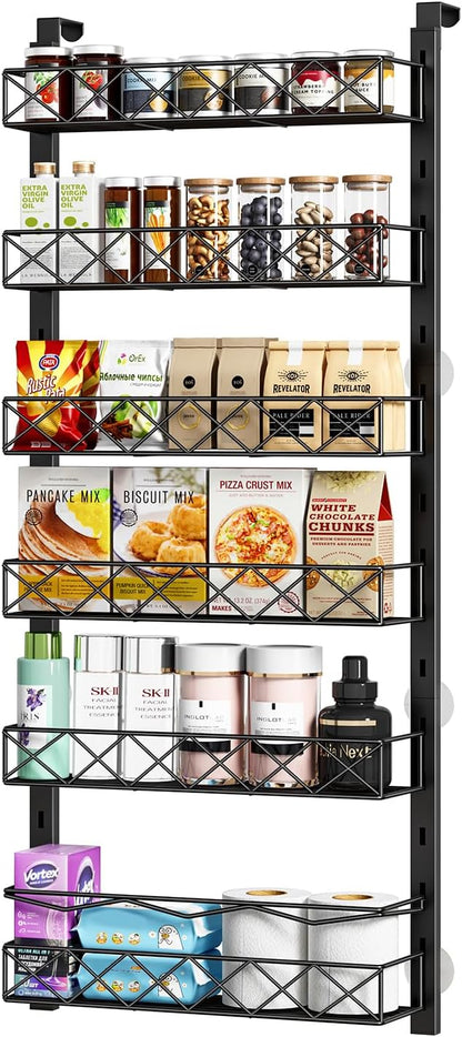 MIAOLI Over the Door Organizer, Black 6-Tier Pantry Door Organizer with Adjustable Basket, Hanging Spice Rack Cabinet Door Shelves, Laundry Room Organization and Storage
