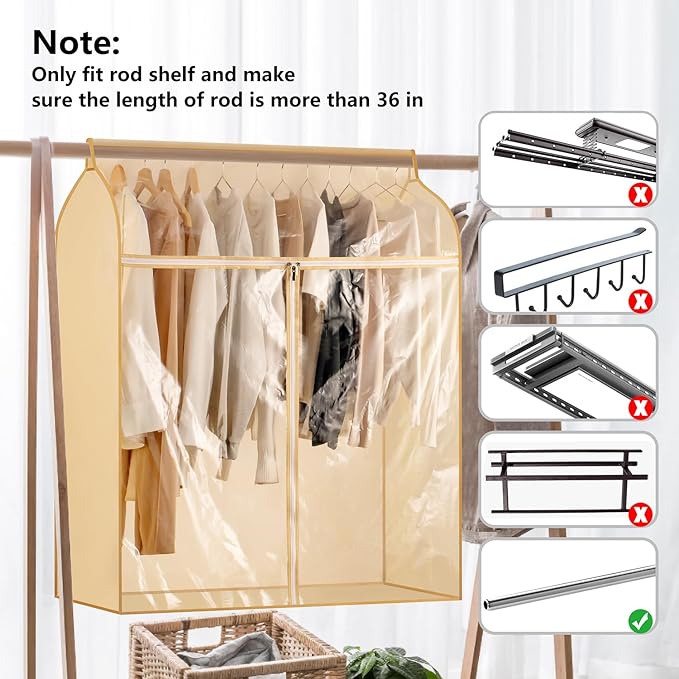 Garment Bags for Hanging Clothes Storage Closet Garment Rack Cover Dust Proof Coat Protector for Suits Jackets with Large Clear Window (Beige)