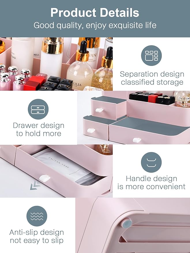 Makeup Organizer with Drawers,Large Capacity Countertop Organizer for Vanity,Bathroom and Bedroom Desk Cosmetics Organizer for Skin Care,Brushes, Eyeshadow, Lotions, Lipstick, Nail Polish
