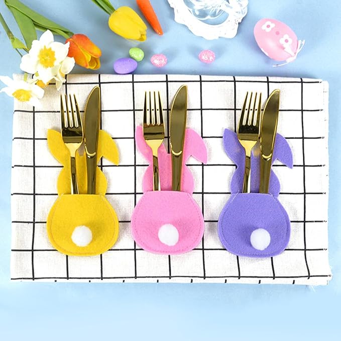 Easter Bunny Cutlery Bags Flatware Holder Bunny Shape Silverware Felt Utensil Cutlery Holders Pouch Bags Utensil Sleeve Pockets for Spring Birthday Table Place Settings Tableware Party Supplies 8Pcs