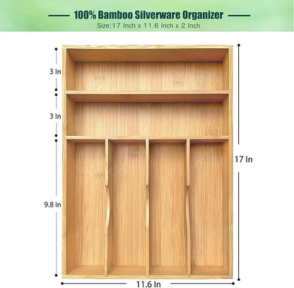 guiogc Bamboo Kitchen Drawer Organizer, 11.6" W x 17" H Silverware Utensil Tray Holder, Wood Cutlery Tray for Silverware, Flatware, Bedroom, Organization of office supplies