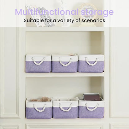 Storage Baskets for Shelves 13.8x9.8x6.7 Inch, Foldable Fabric Storage Bins with Handles, Small Storage Baskets for Organizing Closet, Office, Home Organization (6-Pack, White&Purple)