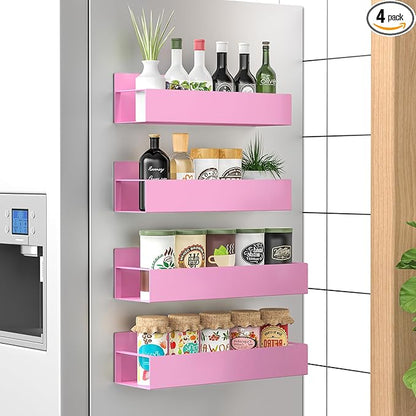 HuggieGems 4 Pack Magnetic Spice Storage Rack Organizer for Refrigerator and Oven, Pink Fridge Organizers and Storage