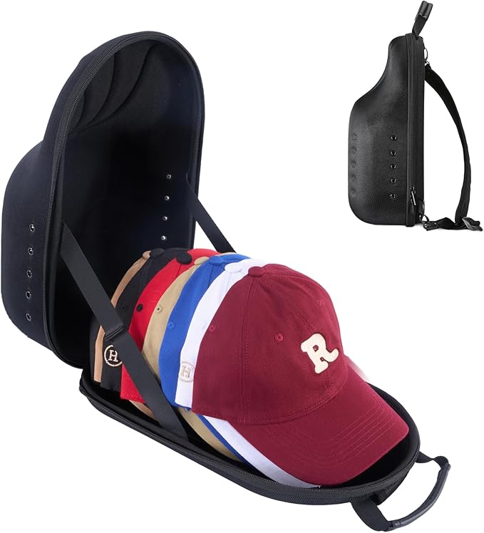 ProCase Hard Hat Travel Case for Baseball Caps, No-Crush Case Holds Up to 7-8 Hats, Adjustable Interior with Shoulder Strap for Travel, Hat Organizer Ball Caps Holder -Black