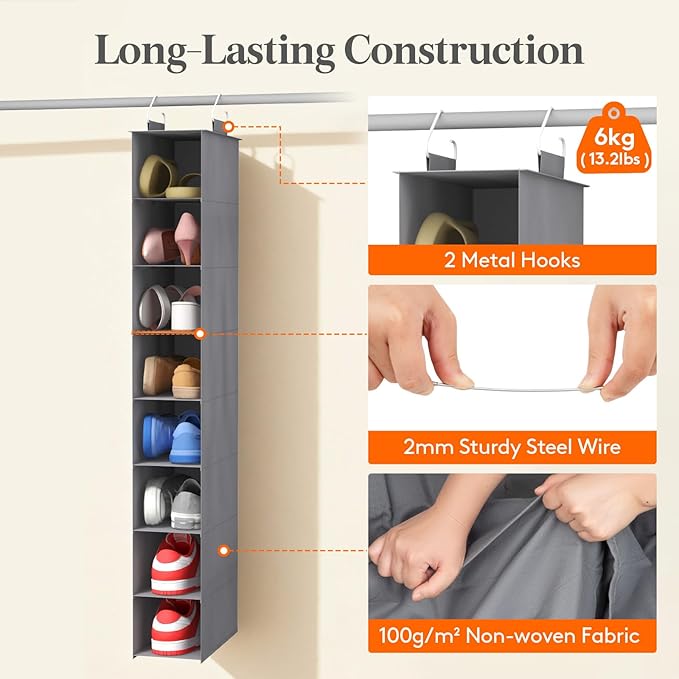 Lifewit Closet Shoe Organizer Hanging 8 Section, Collapsible Closet Organizers and Storage for Shelf, Shoe Hanger for Wardrode, Dorm, 11.8" L X 5.9" W X 41.1" H, Gray