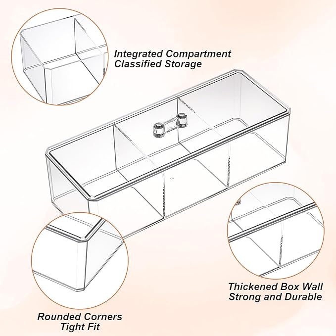 3 Pack Clear Acrylic Organizer with Lid, 3 Compartments Cotton Ball and Swab Holder Jar, Waterproof Bathroom Storage Containers for Vanity, Makeup Pads, Cosmetics, 8.94x3.54x2.56 Inch
