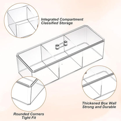 3 Pack Clear Acrylic Organizer with Lid, 3 Compartments Cotton Ball and Swab Holder Jar, Waterproof Bathroom Storage Containers for Vanity, Makeup Pads, Cosmetics, 8.94x3.54x2.56 Inch