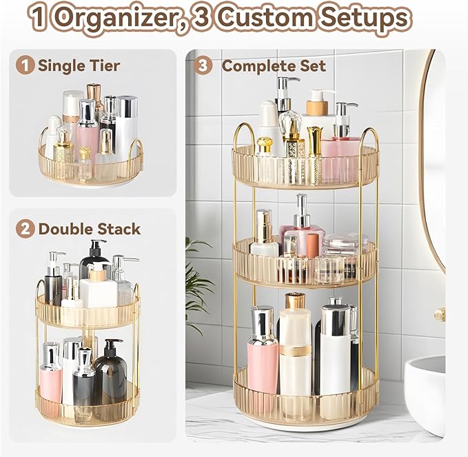 360° Rotating Makeup Organizer for Vanity, 3 Tier Perfume Organizers Skincare Organizers and Storage for Bathroom Countertop, Spinning Cosmetic Organizer for Bedroom Dresser Counter (Gold)