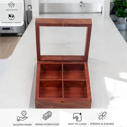 Wooden Spice Box, Masala Container, Condiments Storage Case for Kitchen, Multipurpose Decorative Box - Indian Rosewood Crafted